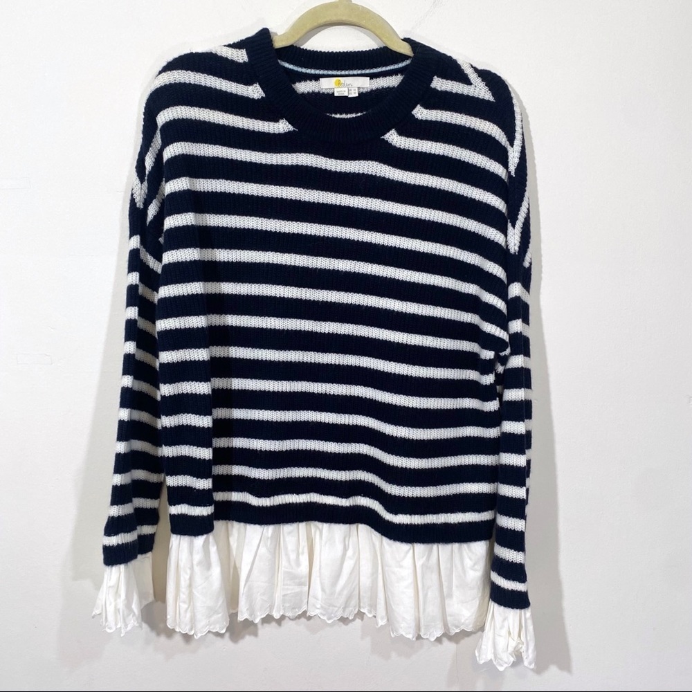 Boden Catherine Knit Woven Fluffy Sweater Navy Ivory Stripe 10